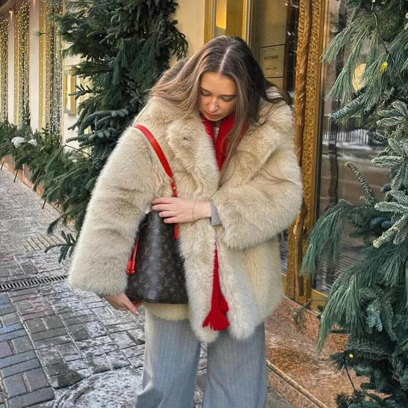 Best Quality Thick Warm Faux Fur Overcoat with Collar Outerwear Jacket-Fuzzy Jackets-Arimonz-beige fur coat-S-Arimonz