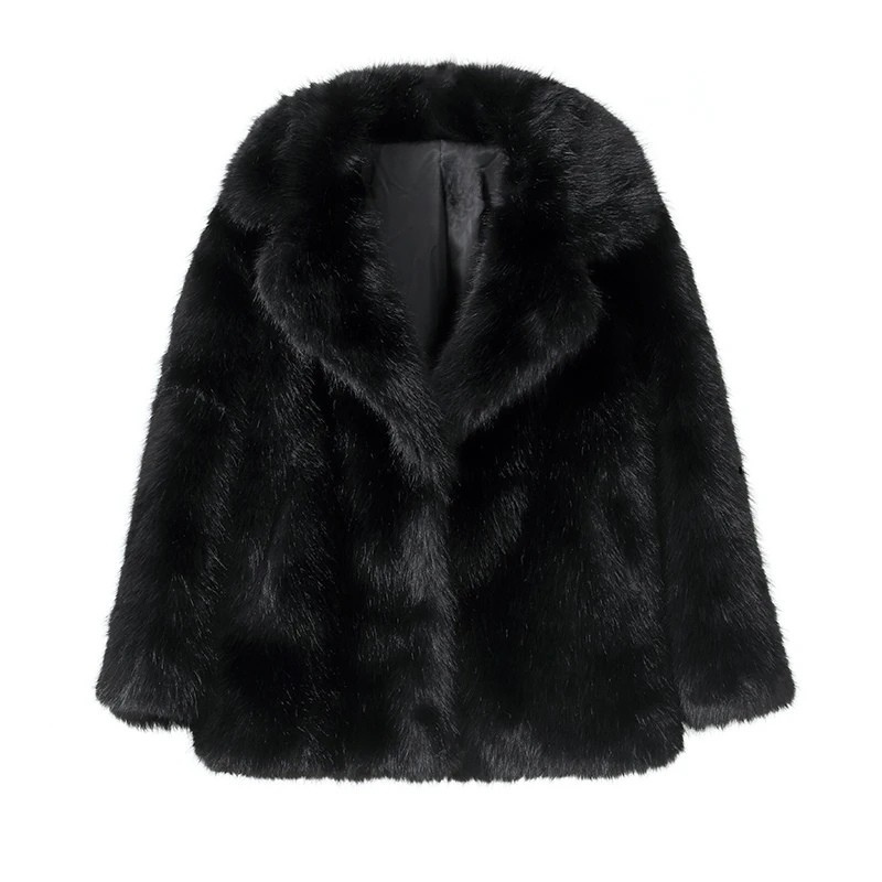 Best Quality Thick Warm Faux Fur Overcoat with Collar Outerwear Jacket-Fuzzy Jackets-Arimonz-black long fur coat-S-Arimonz