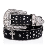 Black Cross Rivet Belt Engraved Buckle Rhinestone Décor Belt-Belts-Arimonz-105CM/41inches-Arimonz