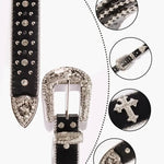 Black Cross Rivet Belt Engraved Buckle Rhinestone Décor Belt-Belts-Arimonz-Arimonz