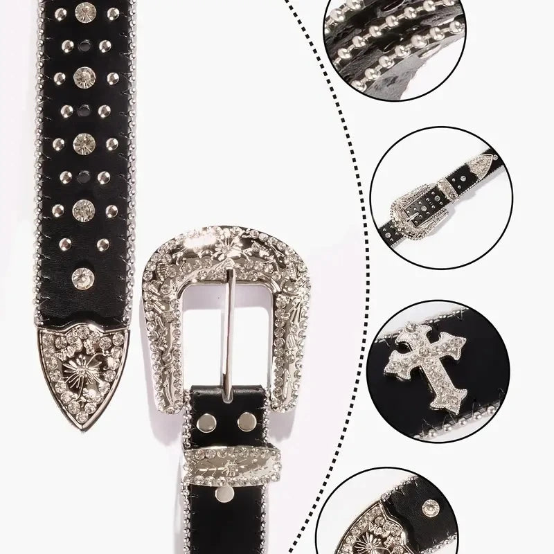 Black Cross Rivet Belt Engraved Buckle Rhinestone Décor Belt-Belts-Arimonz-Arimonz