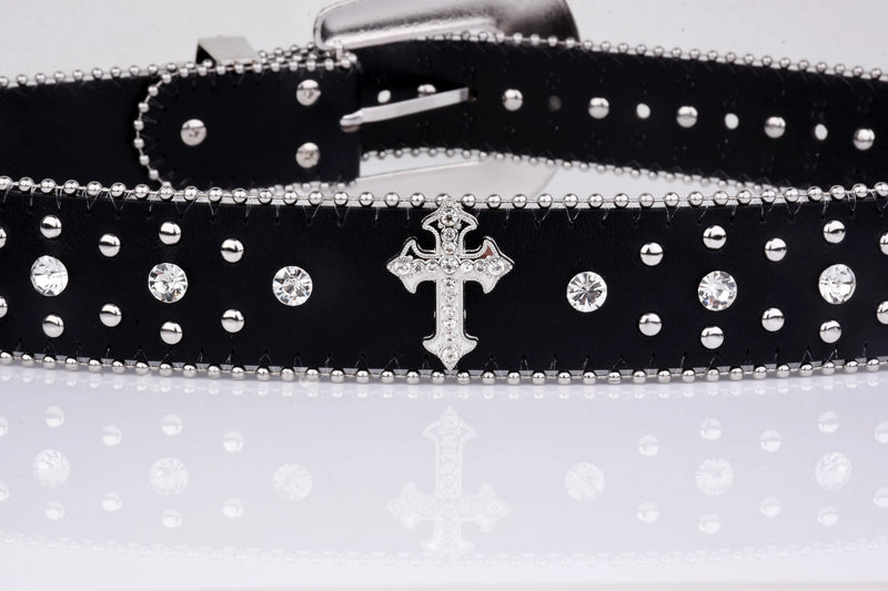 Black Cross Rivet Belt Engraved Buckle Rhinestone Décor Belt-Belts-Arimonz-Arimonz