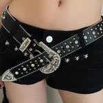 Black Cross Rivet Belt Engraved Buckle Rhinestone Décor Belt-Belts-Arimonz-Arimonz