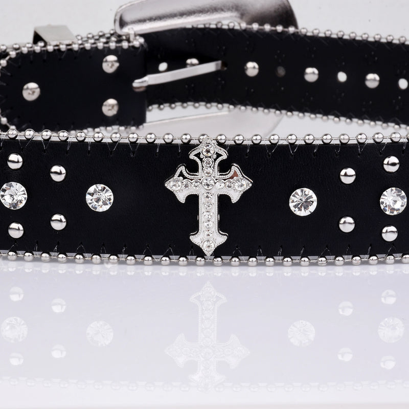 Black Cross Rivet Belt Engraved Buckle Rhinestone Décor Belt-Belts-Arimonz-Arimonz