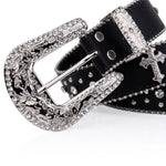 Black Cross Rivet Belt Engraved Buckle Rhinestone Décor Belt-Belts-Arimonz-Arimonz