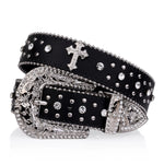 Black Cross Rivet Belt Engraved Buckle Rhinestone Décor Belt-Belts-Arimonz-Arimonz