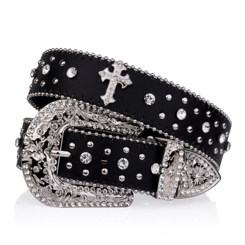 Black Cross Rivet Belt Engraved Buckle Rhinestone Décor Belt-Belts-Arimonz-Arimonz