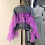 Blue Short Denim Coat Sequin Tie-dye Net Yarn Splicing Jean Jacket-Jean Jackets-Arimonz-Arimonz