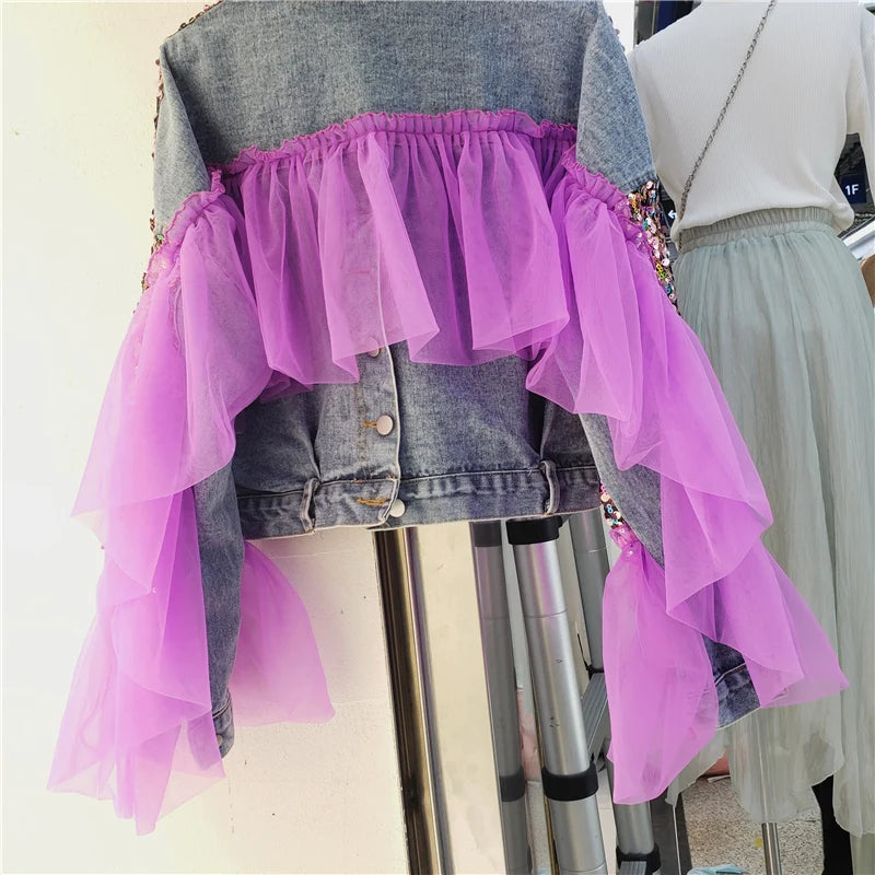 Blue Short Denim Coat Sequin Tie-dye Net Yarn Splicing Jean Jacket-Jean Jackets-Arimonz-Arimonz