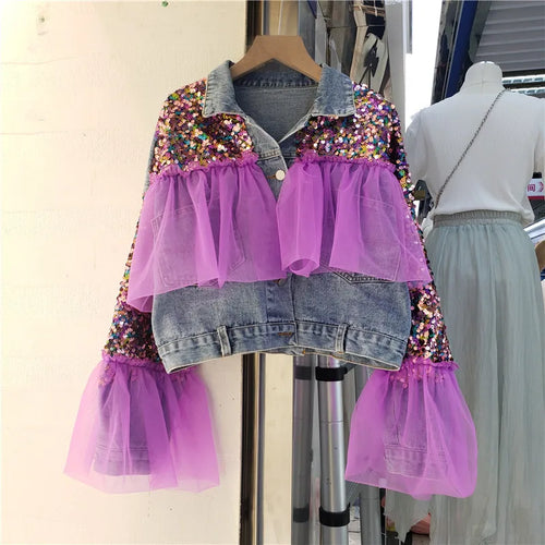 Blue Short Denim Coat Sequin Tie-dye Net Yarn Splicing Jean Jacket-Jean Jackets-Arimonz-Arimonz