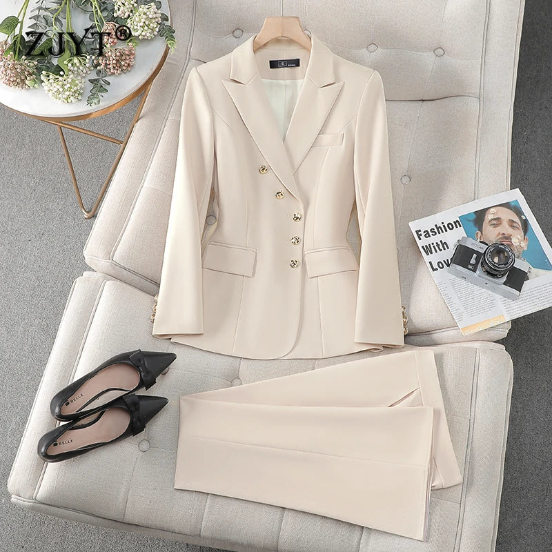 Business Chic Formal Blazer Trousers Suit Two Piece Plus Size Set-Wear To Work Sets-Arimonz-Beige-S-Arimonz