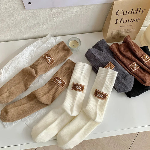 Cashmere Wool 5 pairs Socks Solid Warm Embroidered Mid Calf Socks-Socks & Tights-Arimonz-Arimonz