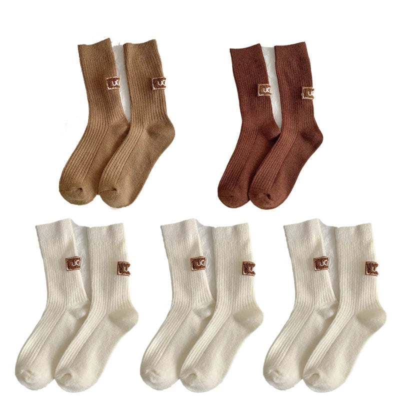 Cashmere Wool 5 pairs Socks Solid Warm Embroidered Mid Calf Socks-Socks & Tights-Arimonz-5pairs-As picture-Arimonz