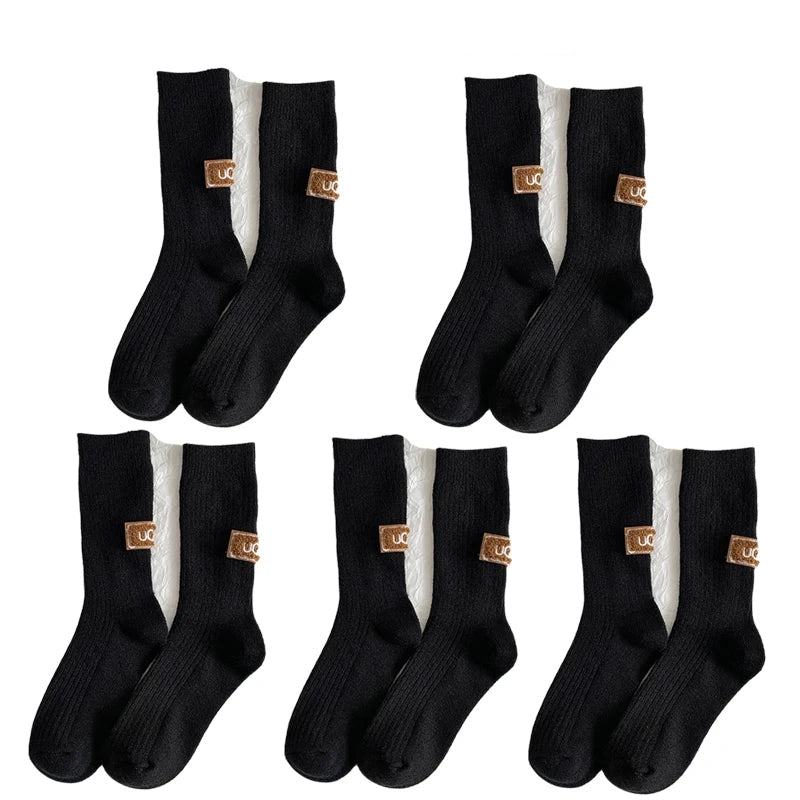 Cashmere Wool 5 pairs Socks Solid Warm Embroidered Mid Calf Socks-Socks & Tights-Arimonz-5pairs-Black-Arimonz