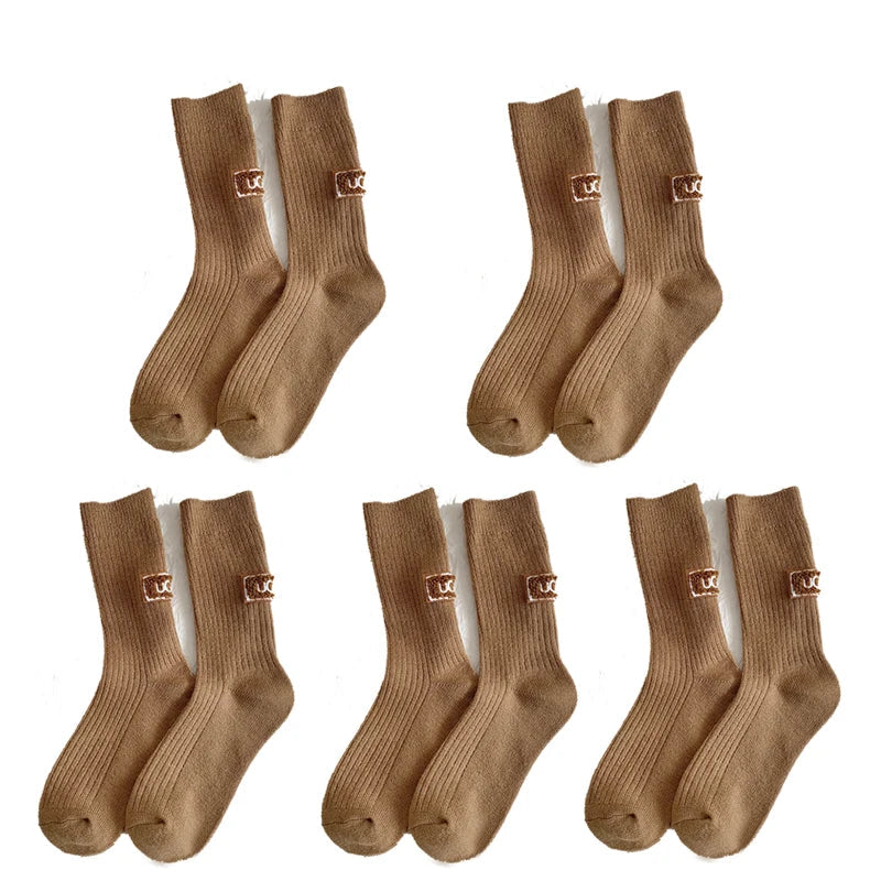 Cashmere Wool 5 pairs Socks Solid Warm Embroidered Mid Calf Socks-Socks & Tights-Arimonz-5pairs-Khaki-Arimonz