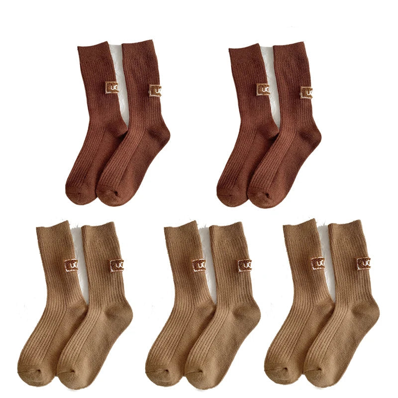 Cashmere Wool 5 pairs Socks Solid Warm Embroidered Mid Calf Socks-Socks & Tights-Arimonz-5pairs-Khaki Coffee-Arimonz