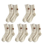 Cashmere Wool 5 pairs Socks Solid Warm Embroidered Mid Calf Socks-Socks & Tights-Arimonz-5pairs-White-Arimonz