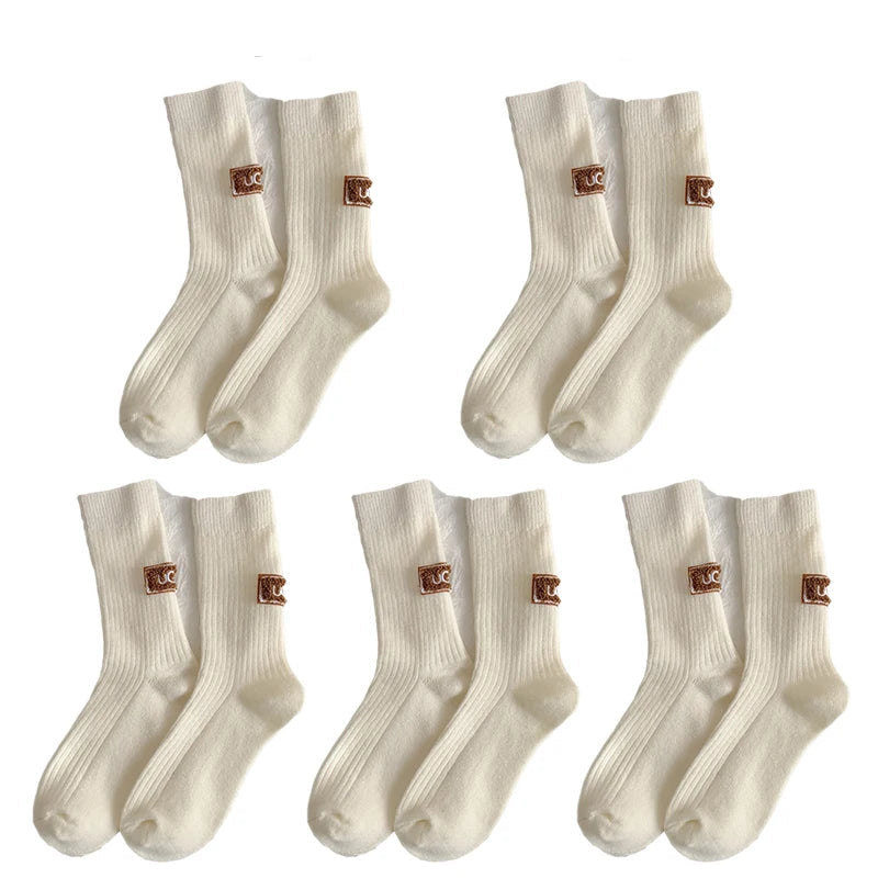 Cashmere Wool 5 pairs Socks Solid Warm Embroidered Mid Calf Socks-Socks & Tights-Arimonz-5pairs-White-Arimonz