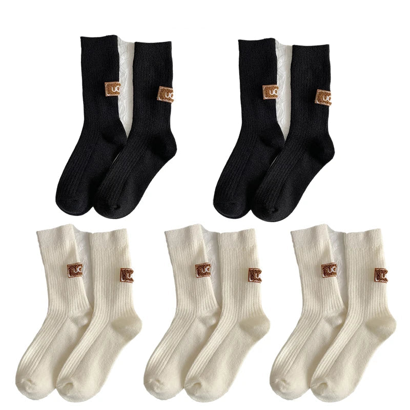 Cashmere Wool 5 pairs Socks Solid Warm Embroidered Mid Calf Socks-Socks & Tights-Arimonz-5pairs-White Black-Arimonz