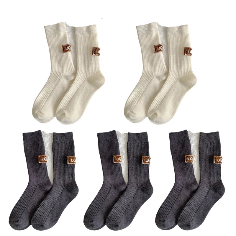 Cashmere Wool 5 pairs Socks Solid Warm Embroidered Mid Calf Socks-Socks & Tights-Arimonz-5pairs-White Gray-Arimonz