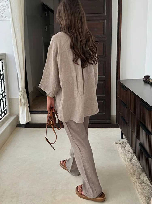 Casual Cotton Linen Shirt Pant Set Single Breasted Collar Pant Set-Wear To Work Sets-Arimonz-Arimonz