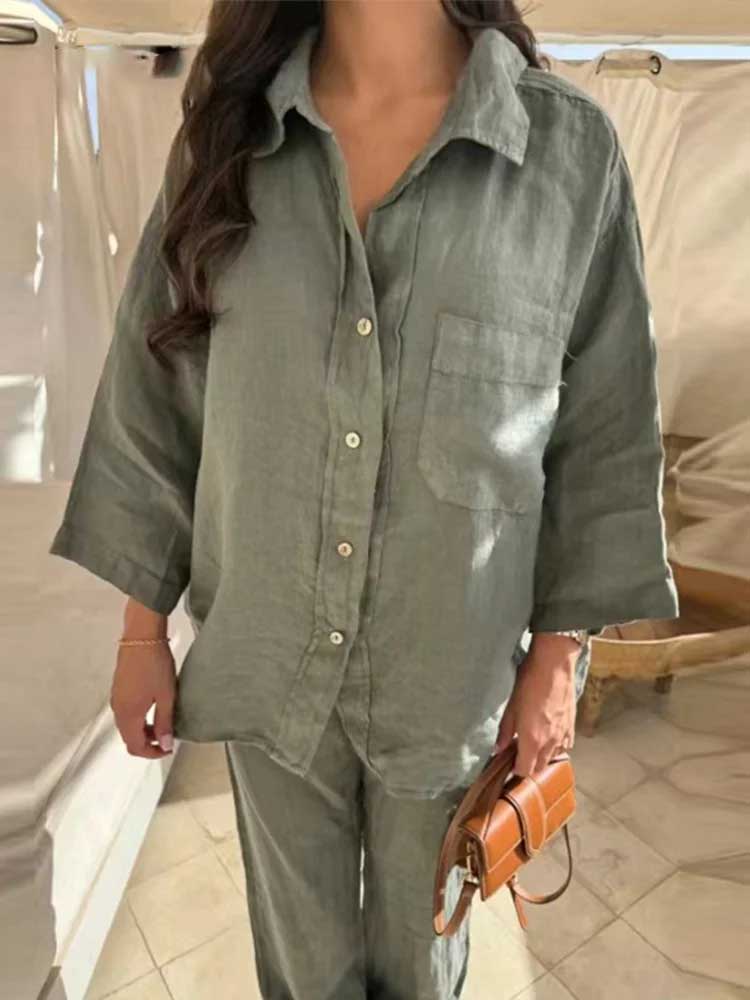 Casual Cotton Linen Shirt Pant Set Single Breasted Collar Pant Set-Wear To Work Sets-Arimonz-Arimonz