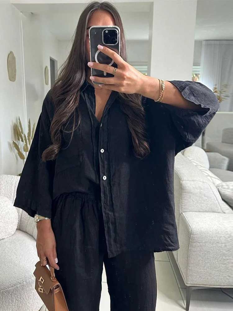 Casual Cotton Linen Shirt Pant Set Single Breasted Collar Pant Set-Wear To Work Sets-Arimonz-Arimonz