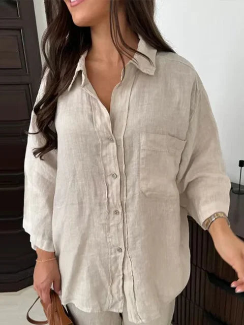 Casual Cotton Linen Shirt Pant Set Single Breasted Collar Pant Set-Wear To Work Sets-Arimonz-Beige-S-Arimonz