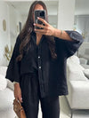 Casual Cotton Linen Shirt Pant Set Single Breasted Collar Pant Set-Wear To Work Sets-Arimonz-Black-S-Arimonz