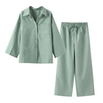 Casual Cotton Linen Shirt Pant Set Single Breasted Collar Pant Set-Wear To Work Sets-Arimonz-Green-S-Arimonz