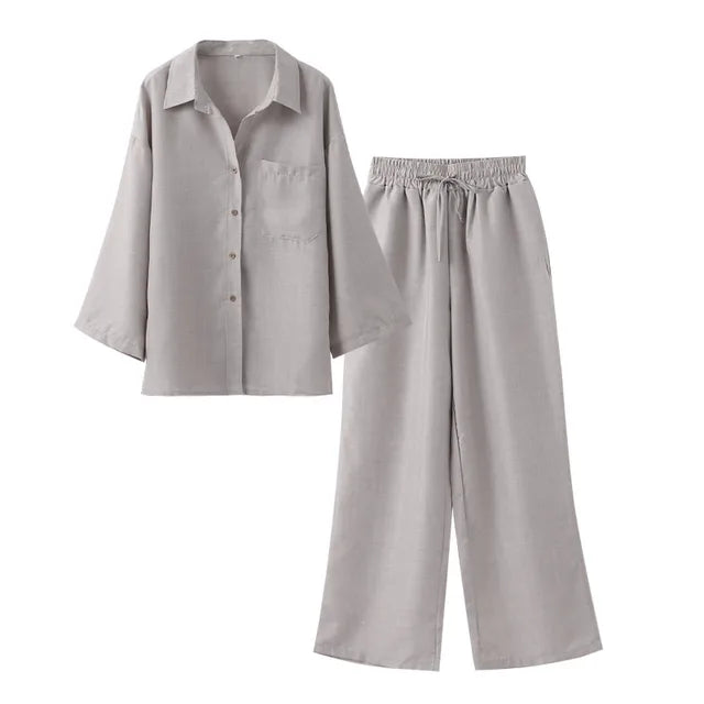 Casual Cotton Linen Shirt Pant Set Single Breasted Collar Pant Set-Wear To Work Sets-Arimonz-khaki-S-Arimonz