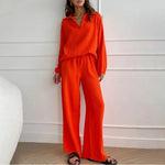 Casual Cotton Linen Shirt Pant Set Single Breasted Collar Pant Set-Wear To Work Sets-Arimonz-Orange-S-Arimonz