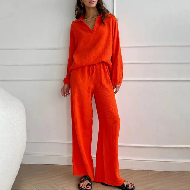 Casual Cotton Linen Shirt Pant Set Single Breasted Collar Pant Set-Wear To Work Sets-Arimonz-Orange-S-Arimonz