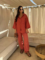 Casual Cotton Linen Shirt Pant Set Single Breasted Collar Pant Set-Wear To Work Sets-Arimonz-orange-S-Arimonz