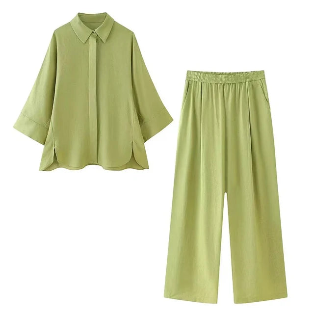 Casual Cotton Linen Shirt Pant Set Single Breasted Collar Pant Set-Wear To Work Sets-Arimonz-polyester set-S-Arimonz