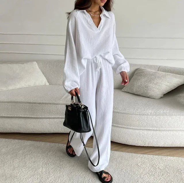 Casual Cotton Linen Shirt Pant Set Single Breasted Collar Pant Set-Wear To Work Sets-Arimonz-white-S-Arimonz