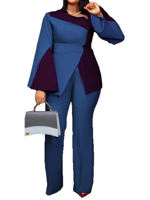 Casual Fashion Patchwork Flare Sleeve Top and Wide-Leg Pants Set-Wear To Work Sets-Arimonz-blue sets-XXL-Arimonz