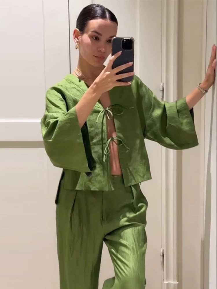 Casual Green Bow Lace Up Shirt Pant Set V-neck Long Sleeve Blouse Set-Wear To Work Sets-Arimonz-Arimonz