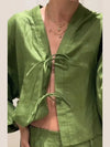 Casual Green Bow Lace Up Shirt Pant Set V-neck Long Sleeve Blouse Set-Wear To Work Sets-Arimonz-Arimonz