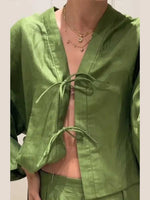 Casual Green Bow Lace Up Shirt Pant Set V-neck Long Sleeve Blouse Set-Wear To Work Sets-Arimonz-Arimonz