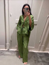 Casual Green Bow Lace Up Shirt Pant Set V-neck Long Sleeve Blouse Set-Wear To Work Sets-Arimonz-Arimonz