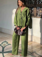 Casual Green Bow Lace Up Shirt Pant Set V-neck Long Sleeve Blouse Set-Wear To Work Sets-Arimonz-Arimonz