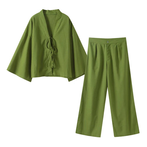 Casual Green Bow Lace Up Shirt Pant Set V-neck Long Sleeve Blouse Set-Wear To Work Sets-Arimonz-XS-Green Set-Arimonz