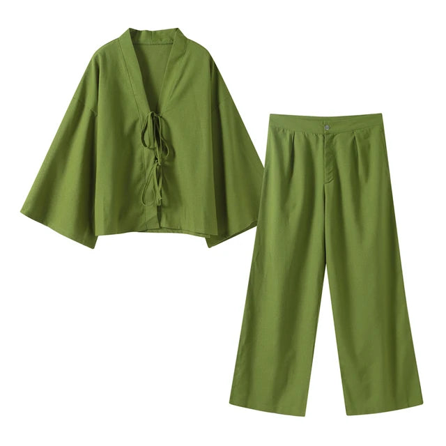 Casual Green Bow Lace Up Shirt Pant Set V-neck Long Sleeve Blouse Set-Wear To Work Sets-Arimonz-XS-Green Set-Arimonz