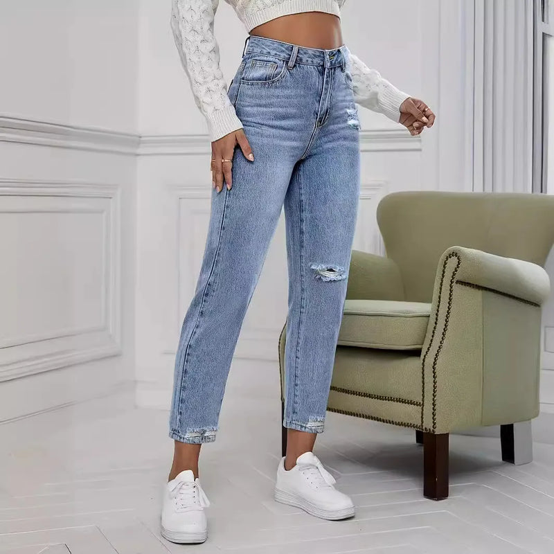 Casual Washed Ripped Straight-Leg Jeans Pants for Women-Skinny Jeans-Style Jeans Women Store-Arimonz