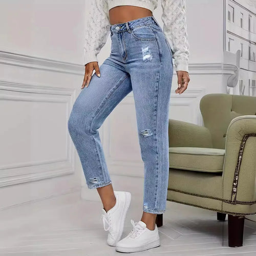 Casual Washed Ripped Straight-Leg Jeans Pants for Women-Skinny Jeans-Style Jeans Women Store-Blue-S-Arimonz