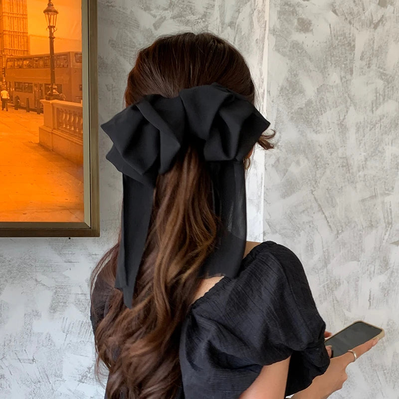 Chiffon Multi layer Large Barrette Bow Hairpin Back Head Ponytail-Hair Accessories-Arimonz-black-Arimonz