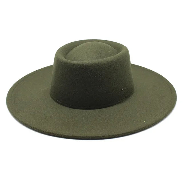 Classic British Style Big Wide Brim Fedora Hat For Women Winter Felt-Winter Hats-Arimonz-Army Green-57-59CM (22-23 inches)-Arimonz