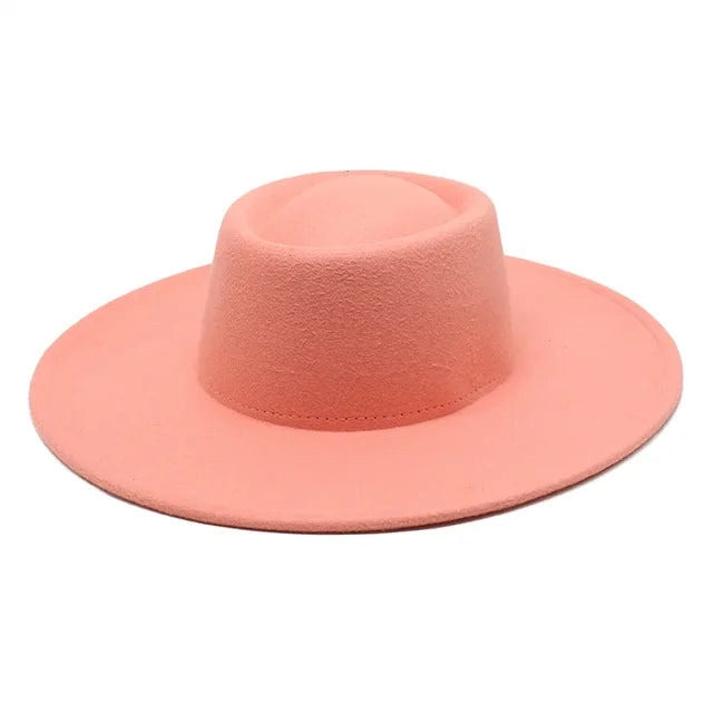 Classic British Style Big Wide Brim Fedora Hat For Women Winter Felt-Winter Hats-Arimonz-Leather Pink-57-59CM (22-23 inches)-Arimonz