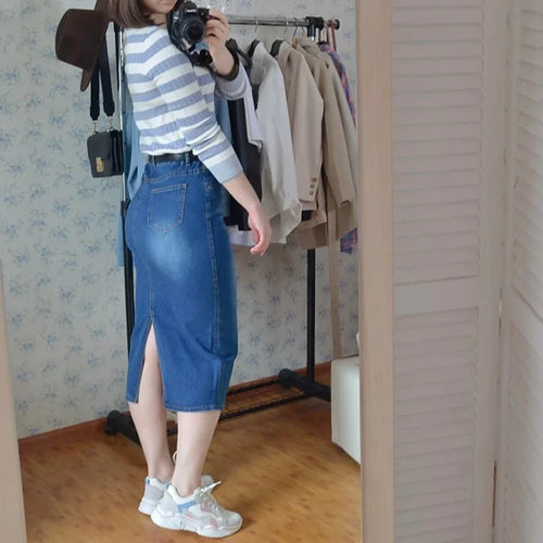 Classic Denim Skirt Women Long Jean Skirt High Waist Pencil Skirt-Denim Skirts-Arimonz-Arimonz
